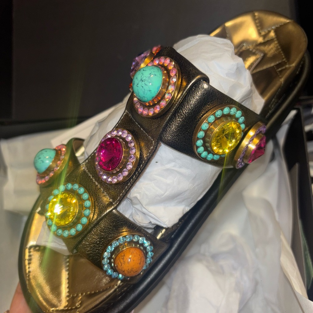 Kurt Geiger Black and Gold Sandals with Ornate Jewel Design
